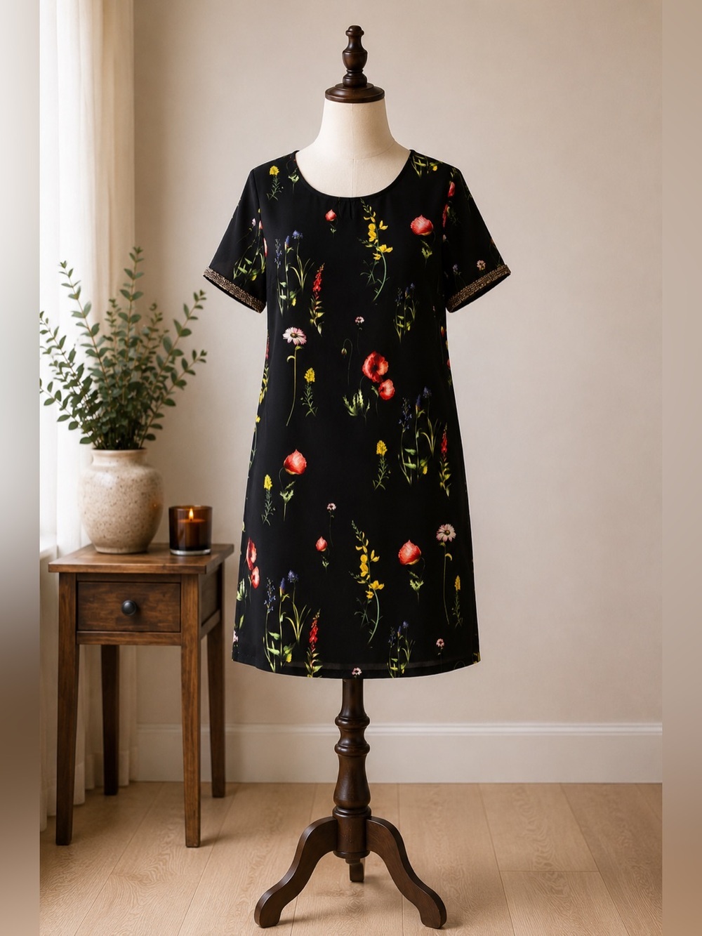 Dark Floral Botanical Shift Dress Black Romantic Cottagecore Chic Rinascimento S